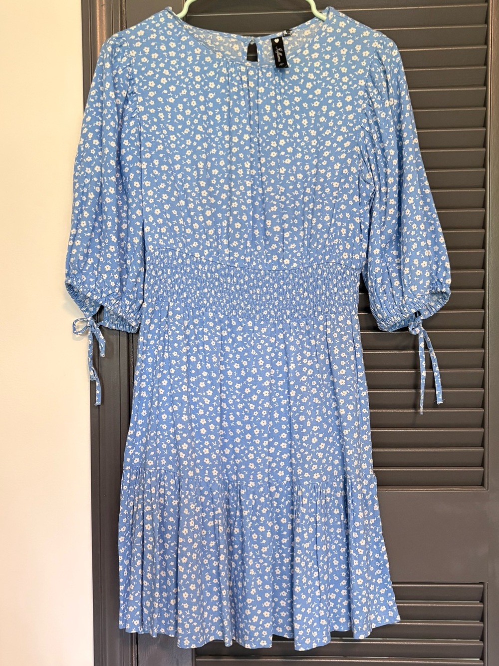 Blue Floral Smocked-Waist Mini Dress with Puff Sleeves